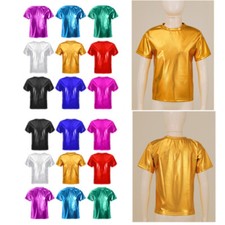 Kids Girls Shiny Metallic Crew T-Shirt Tops Jazz Hip Hop Street Dance Costumes