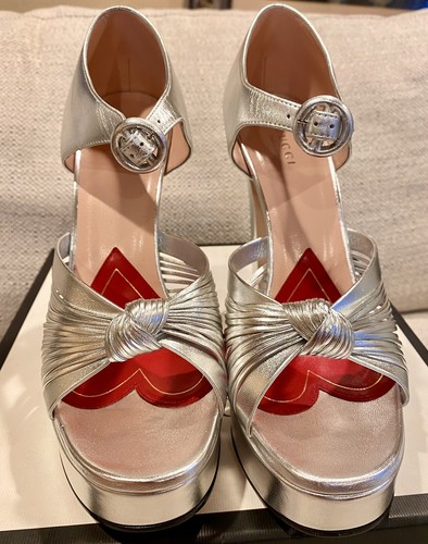 GUCCI 577227 Argento Strap Heels Platform Sandals Silver Napa Leather 40 US 10 - Picture 4 of 13