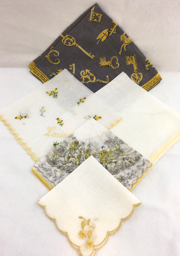 Handkerchiefs White Gray Gold Scalloped Edge Antique Keys Floral VTG Lot of 5 - Picture 3 of 13