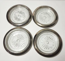 Vintage Silver Plated And Glass Star Flower  Cut Drink Coasters Set of 4 Round 