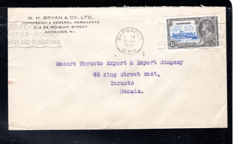 Barbados 1935 G.P.O. to Canada Cover franked 1 1/2p Jubilee, Scott 187