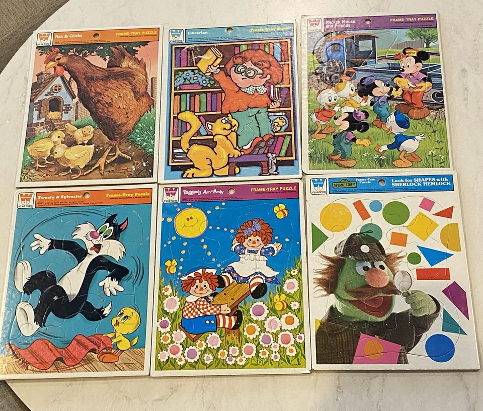 Lote vintage de 6 quebra-cabeças de bandeja Whitman Frame Disney Mickey Sesame Street Tweety - Imagem 2 de 4