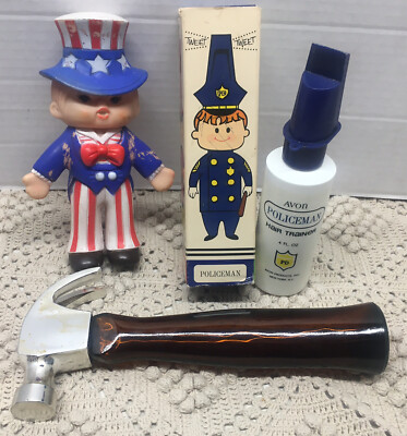 VTG Avon Hair Trainer Whistle NOS,9  Empty Glass Hammer Bottle&UncleSam Toy 1978