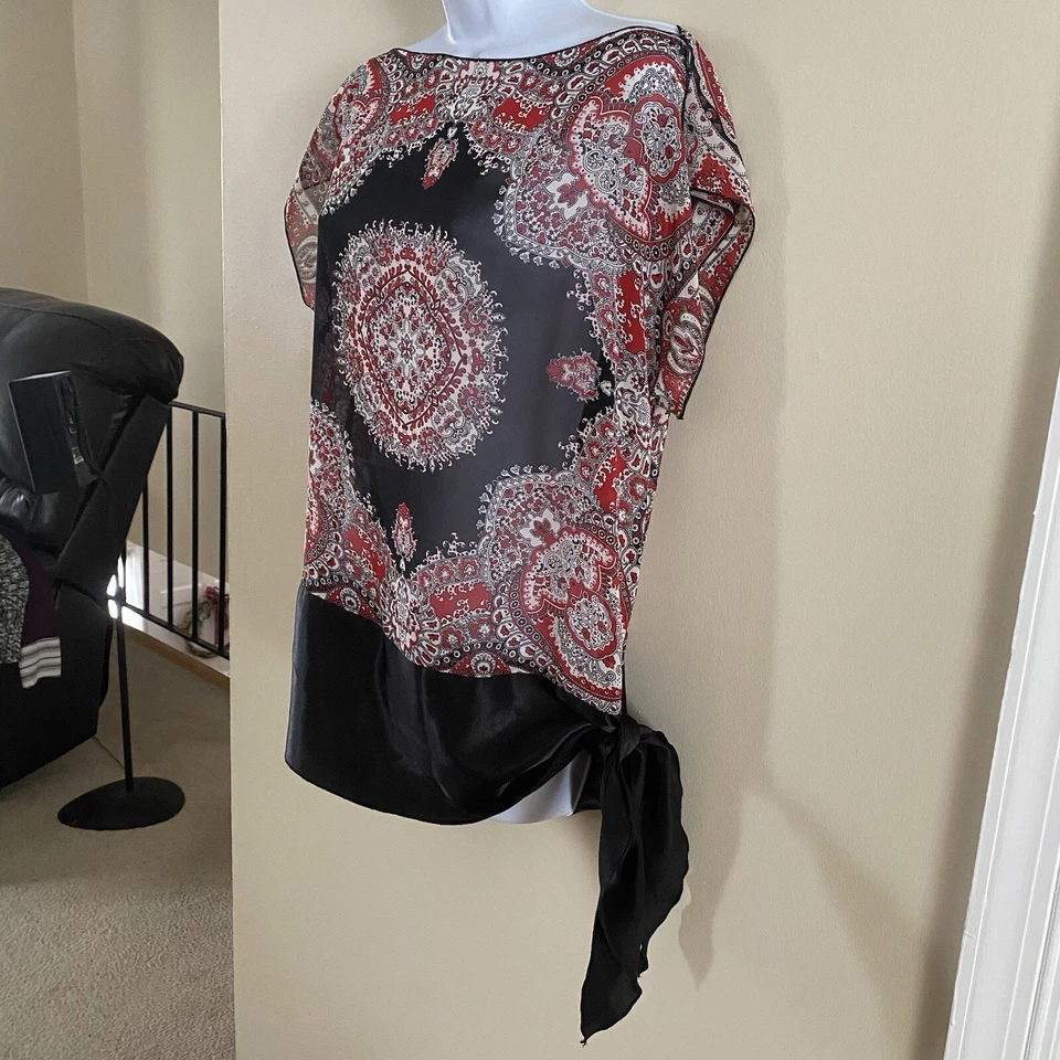 复古 Heart Soul 女式透明佩斯利头巾衬衫 M 码中号红色黑色 — 第 2/4 张图片