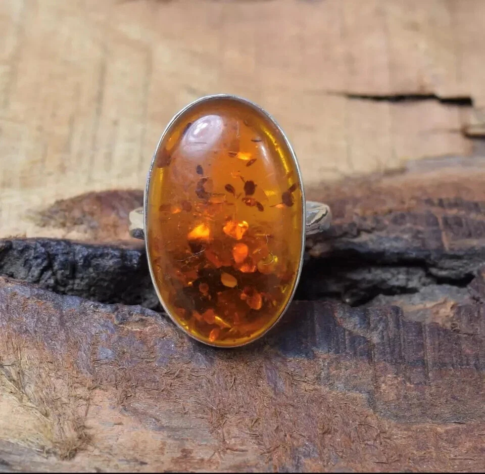 Anillo de plata de ley 925 con piedras preciosas de ámbar natural hecho a mano todos los tamaños R324 Foto 3 de 4