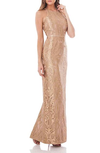 JS Collections Metallic Embroidered Halter Gown (size 14)