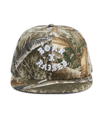 BORN X RAISED EXCLUSIVE REAL TREE CAMO FITTED ROCKER HAT GREY UV 