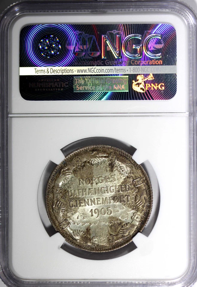 Norway Haakon VII Silver 1907 2 Kroner NGC MS63 Independence Toning KM# 365 (64) - Image 3 of 4