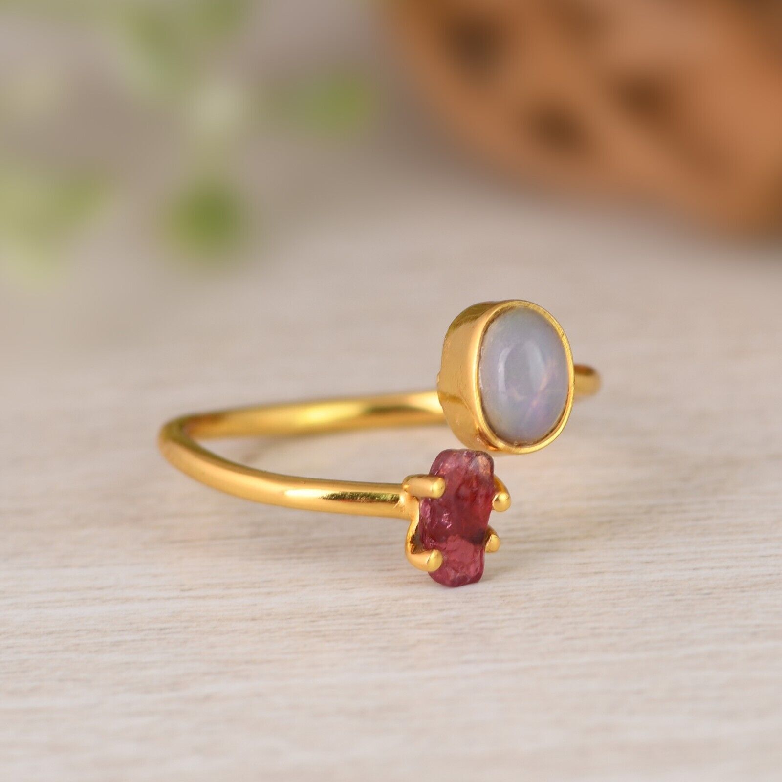 Raw Ruby Spinal & Fire Opal Ring Multi Stone Rough Gemstone Birthstone ...