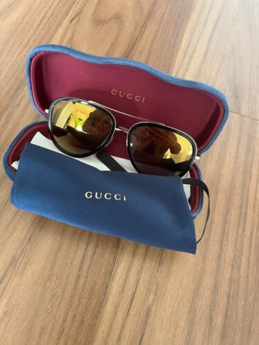 GUCCI GG 0062S 001 Gold Black / Gold Mirrored Pilot Sunglasses 57mm NWT GG0062S - Afbeelding 1 van 19