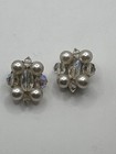 VINTAGE GERMANY AURORA BOREALIS CRYSTAL & FAUX PEARL CLIP BACK EARRINGS 1" — photo 1
