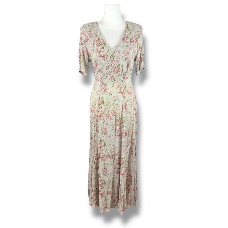 Rabbit Rabbit Rabbit Designs Dress Women 12 Ivory Floral Maxi Rayon Vintage USA