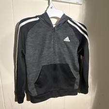 adidas Boys Full Zip Hoodie Gray Black Size L 100 Polyester Fleece Long Sleeve
