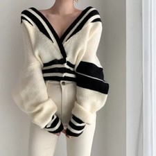 Color Block V-Neck Knit Cardigan New