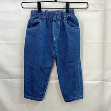 Vintage baby unisex blue medium wash denim pull on elastic snap cotton jeans 24m