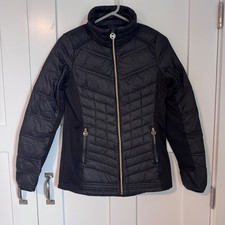 Michael Kors Women's Packable Down Fill Puffer Jacket Black Gold Size S Chevron