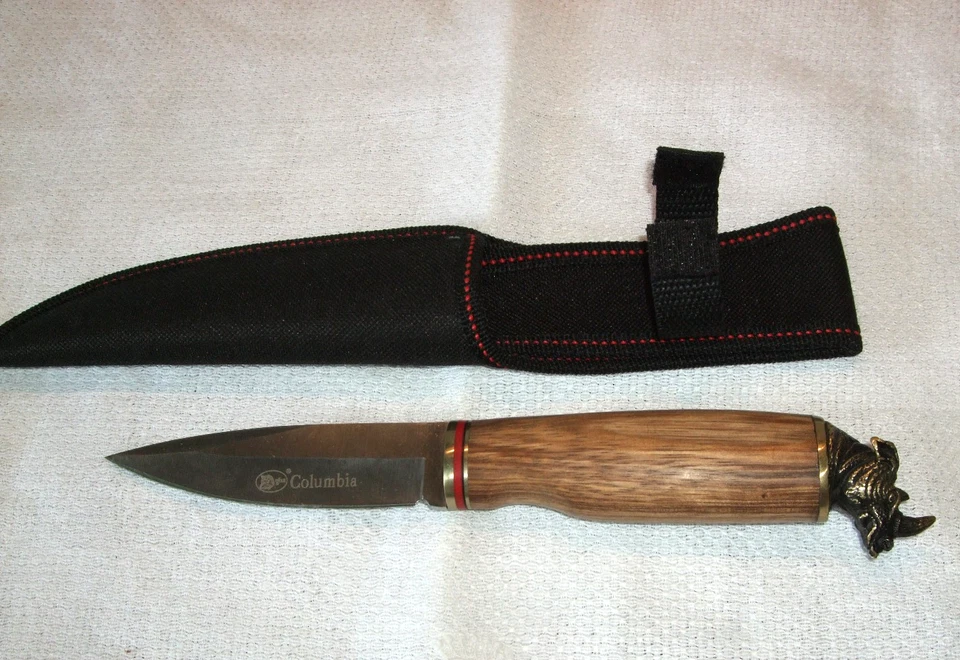 Jagdmesser mit Holzgriff / Tierkopf am Ende und Hülle - Columbia Fujunjie - Bild 1 von 4
