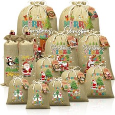12Pcs Christmas Burlap Drawstring Gift Bags Christmas Wine Bags w/ Tags, Line...