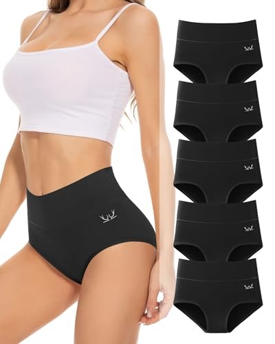 Women's Underwear High Waisted Ladies Cotton Panties Medium (5 Pack) Black