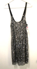 Black  Silver Sequins Sheer Slip Dress w/ Picot 1X NWT