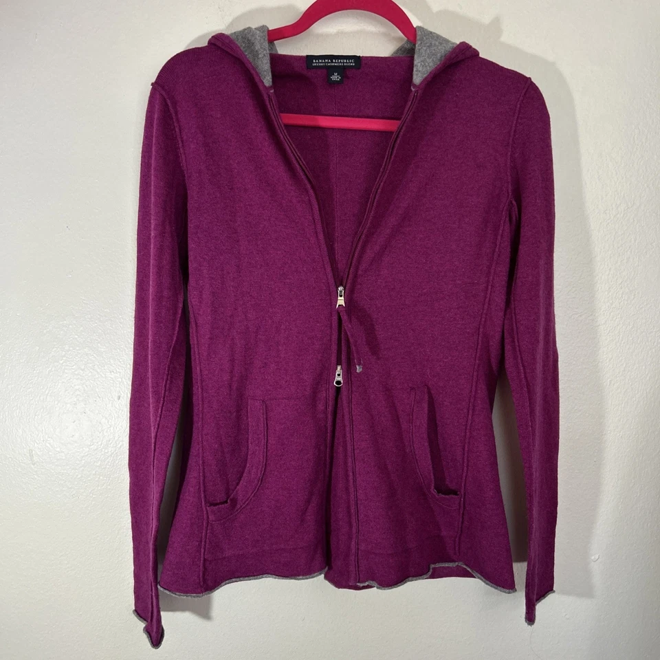 Banana Republic Talla M Mujer Lujo Mezcla de Cachemira Cremallera Sudadera con Capucha Lana Púrpura Foto 3 de 4