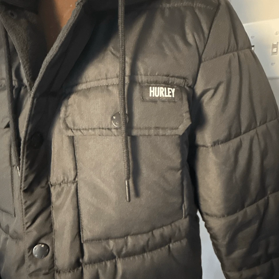 Hurley Wilshire Vellón Forrado Capucha Chaqueta Hombre’s Talla Pequeña Negro Puffer Foto 2 de 4