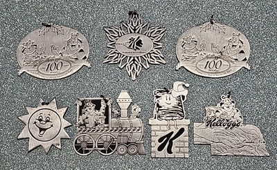 Lot of 7 Kellogg's Metal Christmas Ornaments Omaha Plant 1990's Happy Holidays