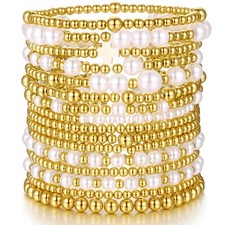 Gold Plated Bead Pearl Bracelets for Women, 16PC Stackable Medium,