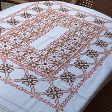 Vintage Hand Embroidered Tablecloth 150x120 cm, Large European Embroidery Linen