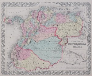ORIGINAL 1855 COLTON'S HAND COLORED MAP OF VENZUELA, NEW GRANADA AND ECUADOR