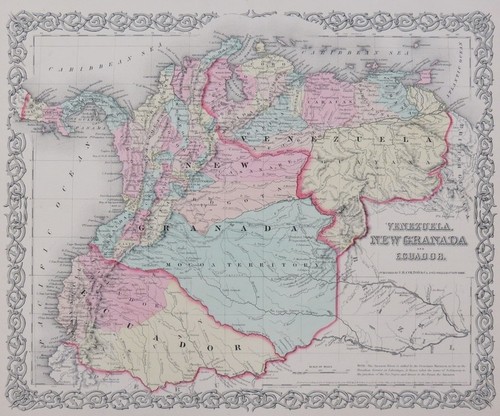 ORIGINAL 1855 COLTON'S HAND COLORED MAP OF VENZUELA, NEW GRANADA AND ECUADOR