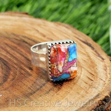 Kingman Pink Dahlia Turquoise 925 Sterling Silver Handmade Ring for Women