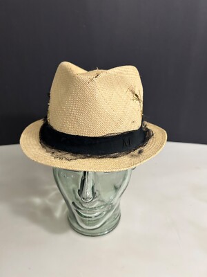Maison Michel Paris Destroyed Straw Fedora Hat Beige Black Netting RARE