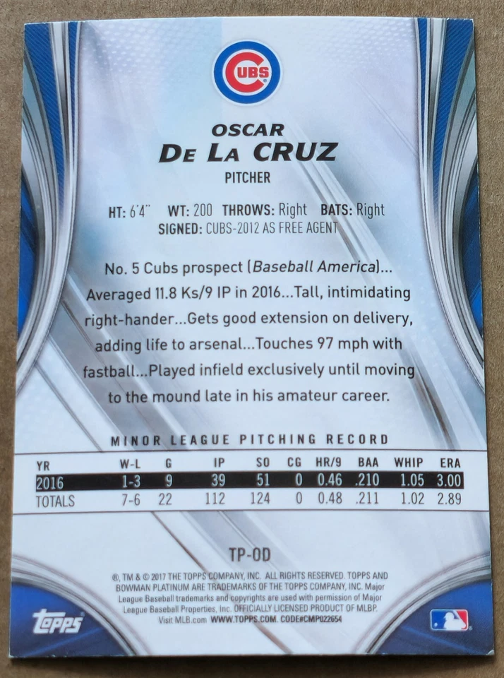 2017 Bowman Platinum #TP-OD Oscar de la Cruz    Top Prospects Cubs - Image 2 of 2