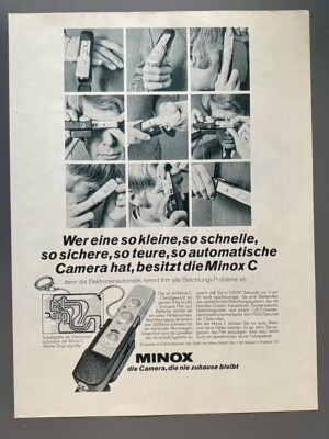 Minox X Die Camera, die nie zuhause bleibt Original 1970 Vintage Advert Werbung