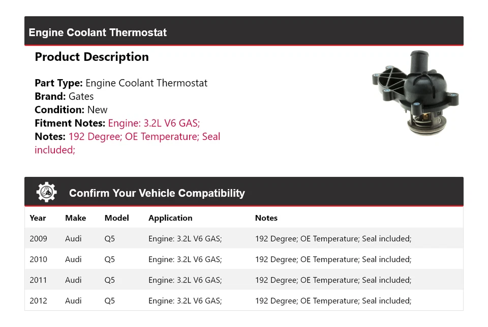 Para Audi Q5 2009-2012 3,2 L V6 Gas Motor Refrigerante Termostato Puertas 2010 2011 Foto 2 de 4