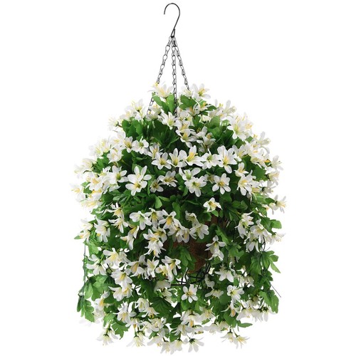 White Artificial Hanging Flower Basket Faux Silk Violet UV Resistant Outdoor