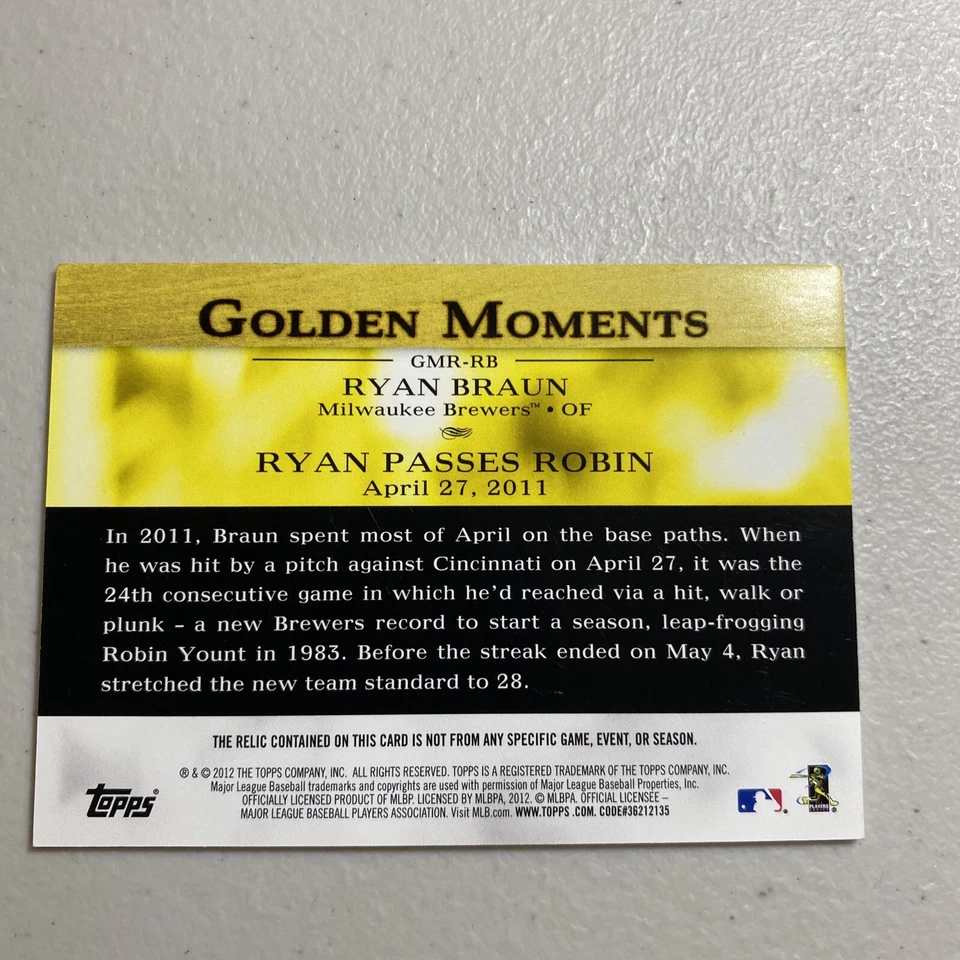 Ryan Braun 2012 Topps Golden Moments #GMR-RB GU Relic Materials Brewers - Image 2 of 2
