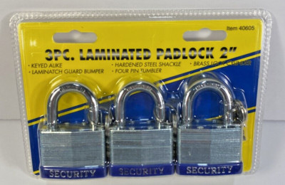 Laminated 2'' Steel Padlock with Keys.  3-Lock Set Keyed Alike 6 Keys New in Pack