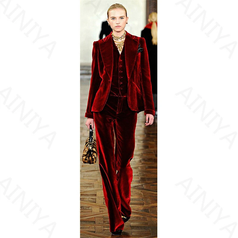 Wine Red Velvet Pant Suits Women Office Business Formal Work Wear 3 Piece Suits - Image 3 of 4