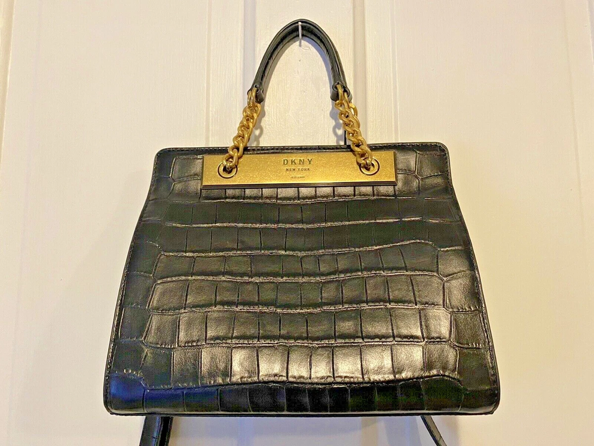 DKNY Cooper Black Leather Doctor Handle w Strap Bag Handbag Purse Croc Embossed