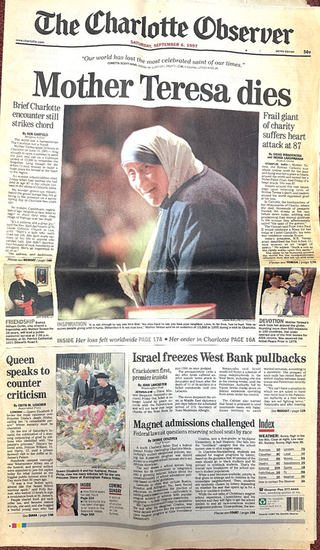 Mother Teresa Dies  9/6/ 1997 Charlotte Observer newspaper