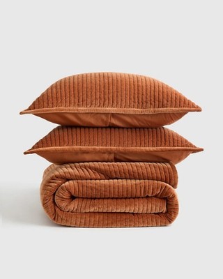 NWOT QUINCE COTTON VELVET CHANNEL QUILT SET TERRACOTTA FULL QUEEN READ!
