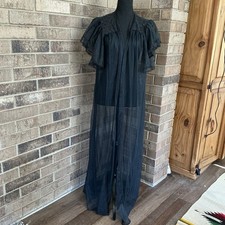 VTG Scaasi Black Sheer Nylon Robe Lace Peignoir USA Lingerie Misses S/M/L 29D1