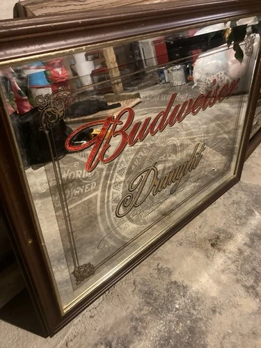 Vintage Large Framed Budweiser Draught Mirror Advertising Sign 30”23” Beer Bud