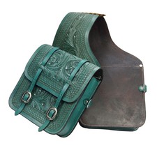 Western Handmade Leather Horse Floral Saddle Bag Light Green SS Buckle