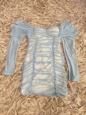 Fashion Nova Light Blue Mesh Ruched Rhinestone Bodycon Mini Dress, Size L