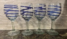 Hand Made Mexican Drinking Glasses – Set of 4 Wine Goblet Glasses with Blue...