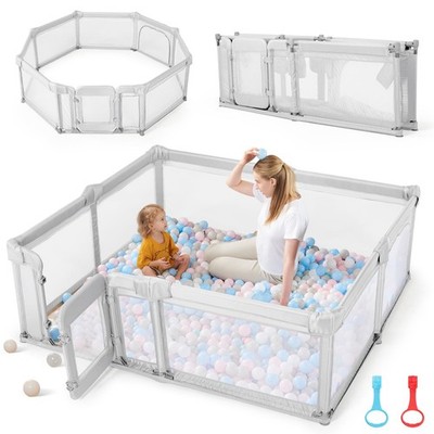 Foldable Baby Playpen 79x71 Inch Extra Large Play Yard Light Grey Sweeby Gate
