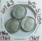 Lot Of 3 Roosevelt Dimes 1960-D Error RPM 1964-1964 90% Silver VG Condition look